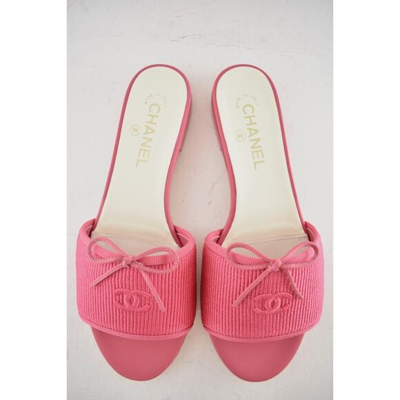 Chanel 24P Dark Pink Embroidered CC Logo Bow Tie Mule Slide Flat Sandal 37.5 - Picture 12 of 16